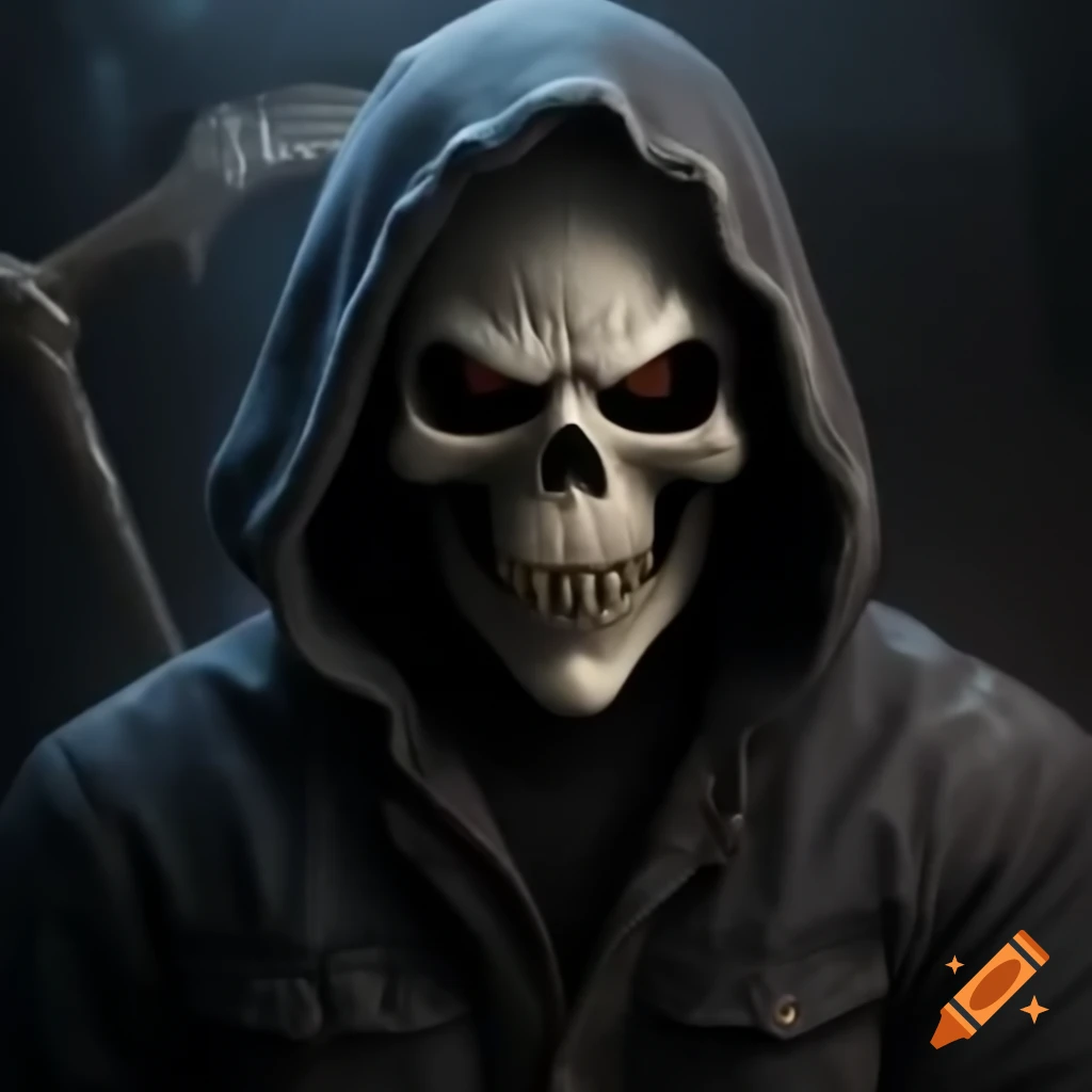 Grim Reaper character dressed in denim attire
