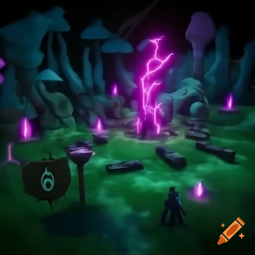3D video game environment with surreal natural elements and dark witchy aesthetics, featuring overgrown forests and glowing twisted trees