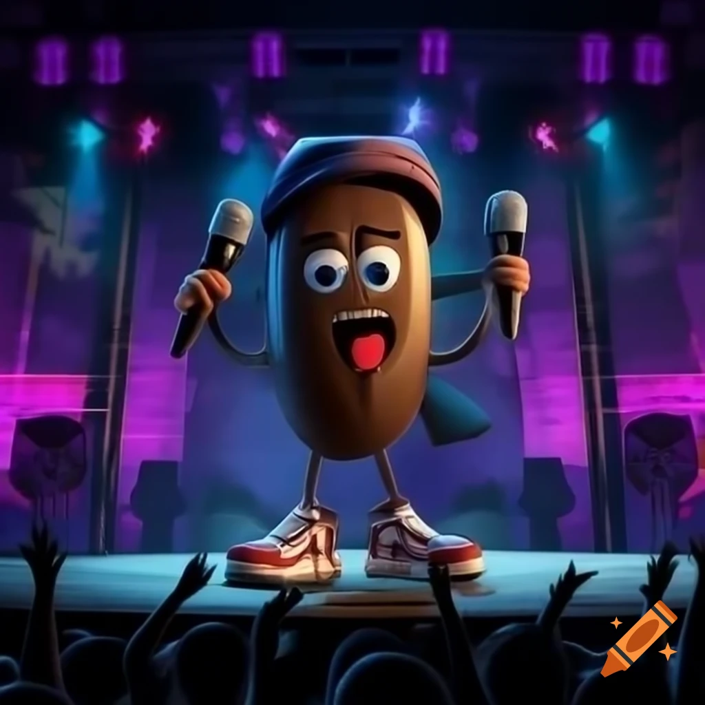 Animated roasted coffee bean with masculine features performing on urban stage