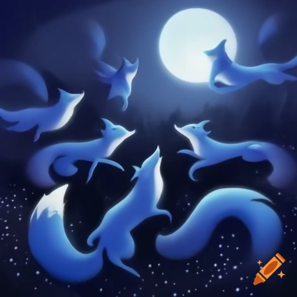 Blue foxes playing under a bright full moon