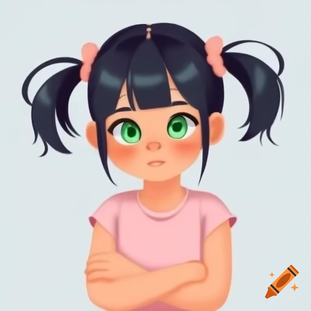 Anime-style girl with blonde hair and dark green eyes in pink sleeveless t-shirt