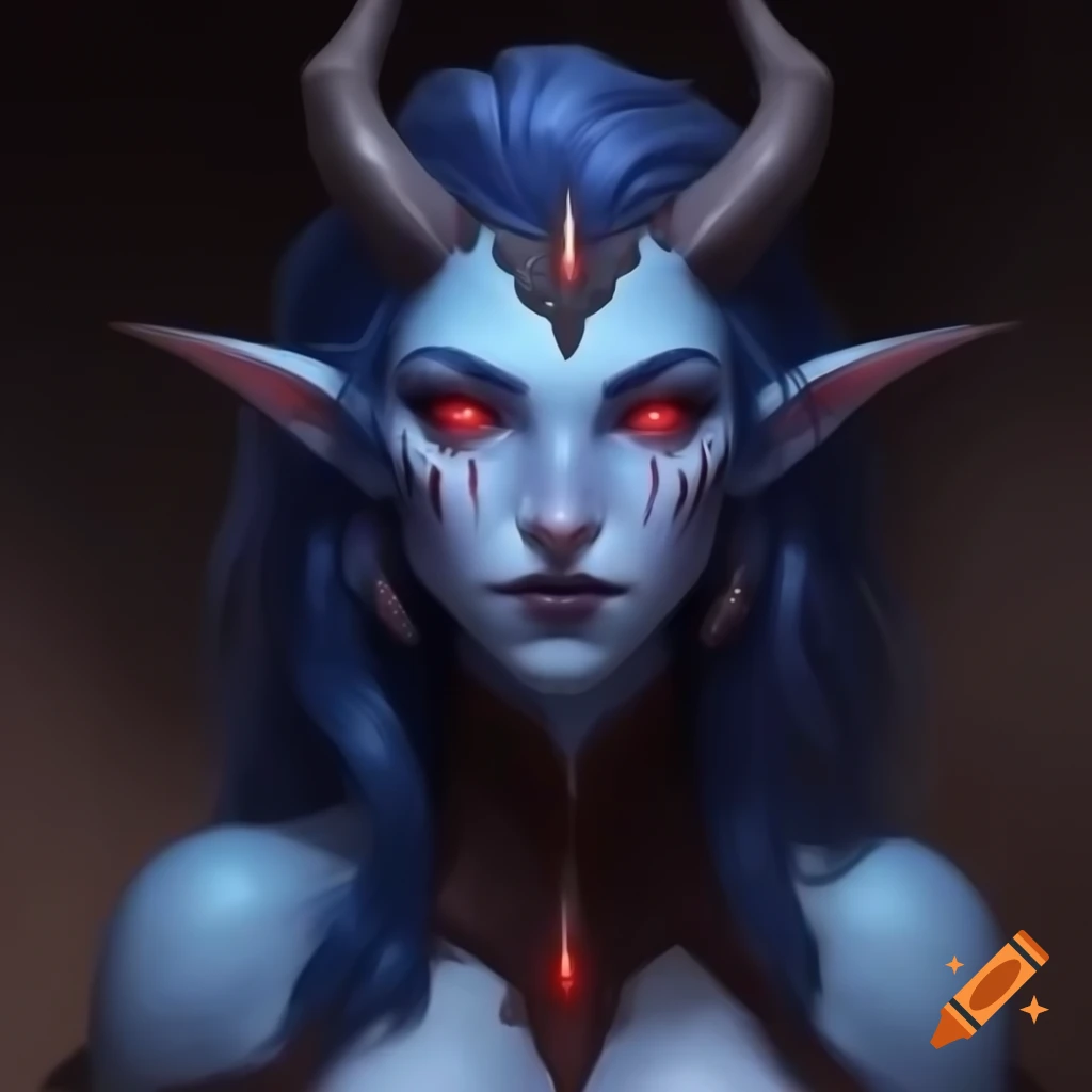 Dungeons and dragons female tiefling warlock with blue skin red eyes