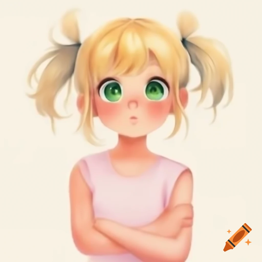 Anime girl with blonde hair and dark green eyes in pink sleeveless shirt