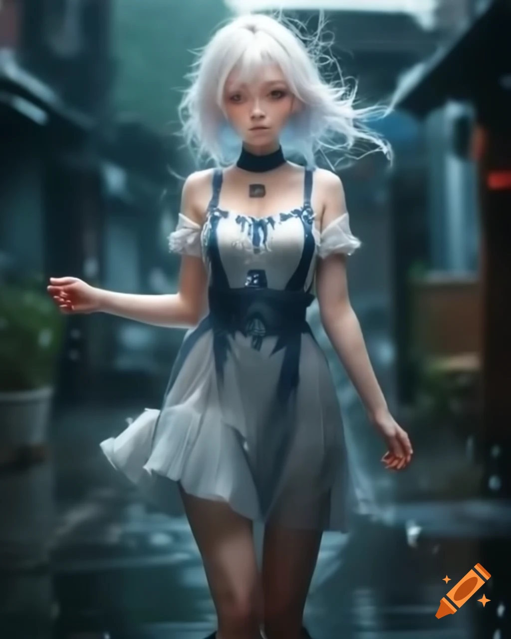 Anime character with white hair and dress on a rainy day, realistic style