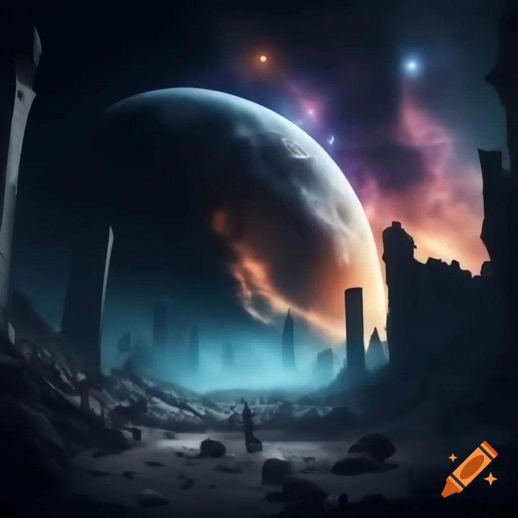 Surreal cosmic dream war aftermath with ruins and destruction, suggesting mystery