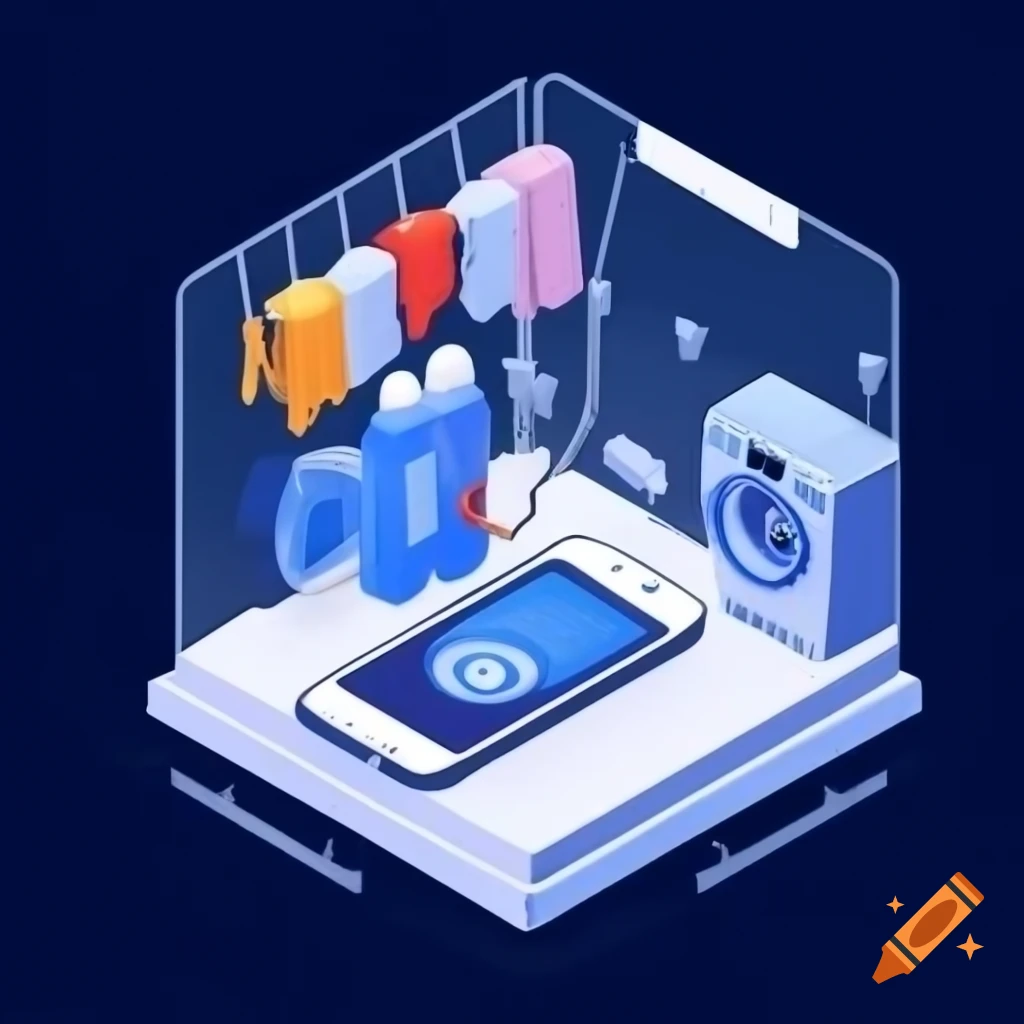 Mobile phone with isometric view displaying washing machine and detergents