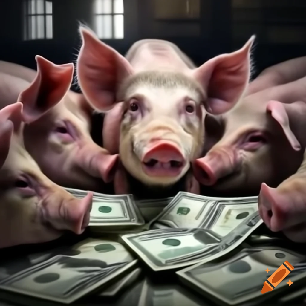 Pigs eating money in a government setting, satirical depiction