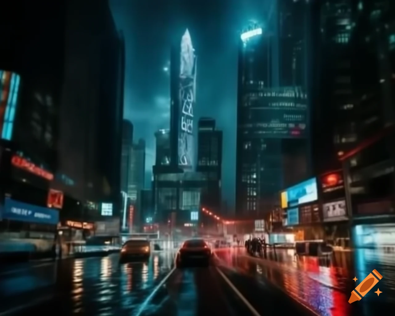 Cinematic night cityscape with neon lights and towering skyscrapers