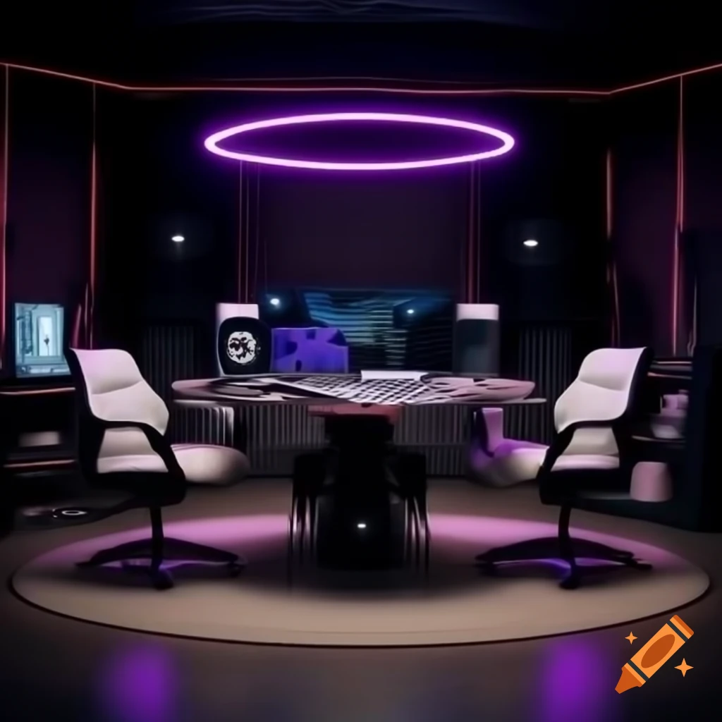 Modern podcast studio set with round table for nighttime recordings