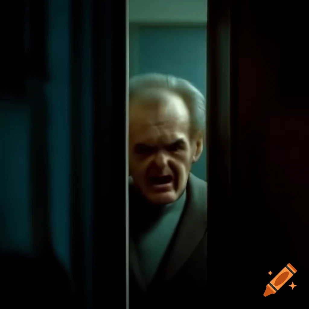 Terrifying older man looking through a door with horror movie lighting