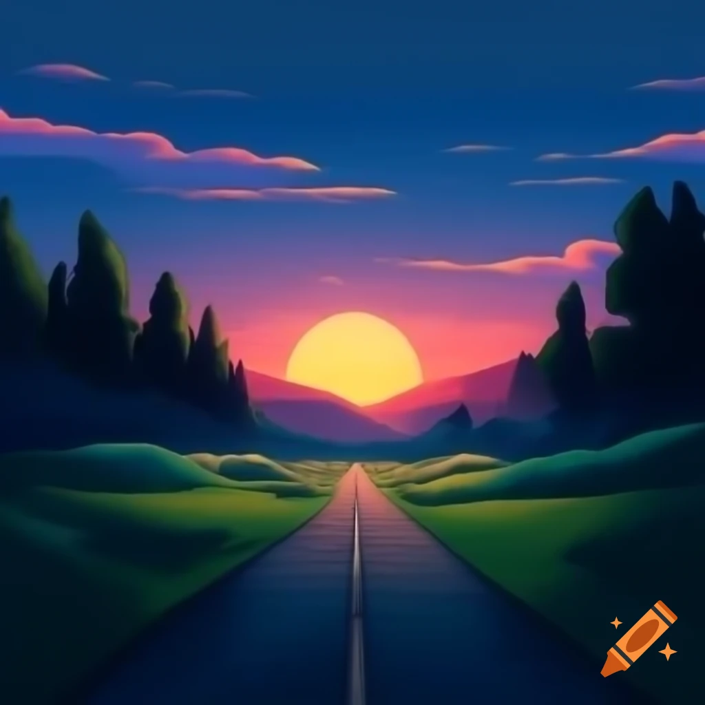 Childlike landscape design featuring road and trees at different times of day