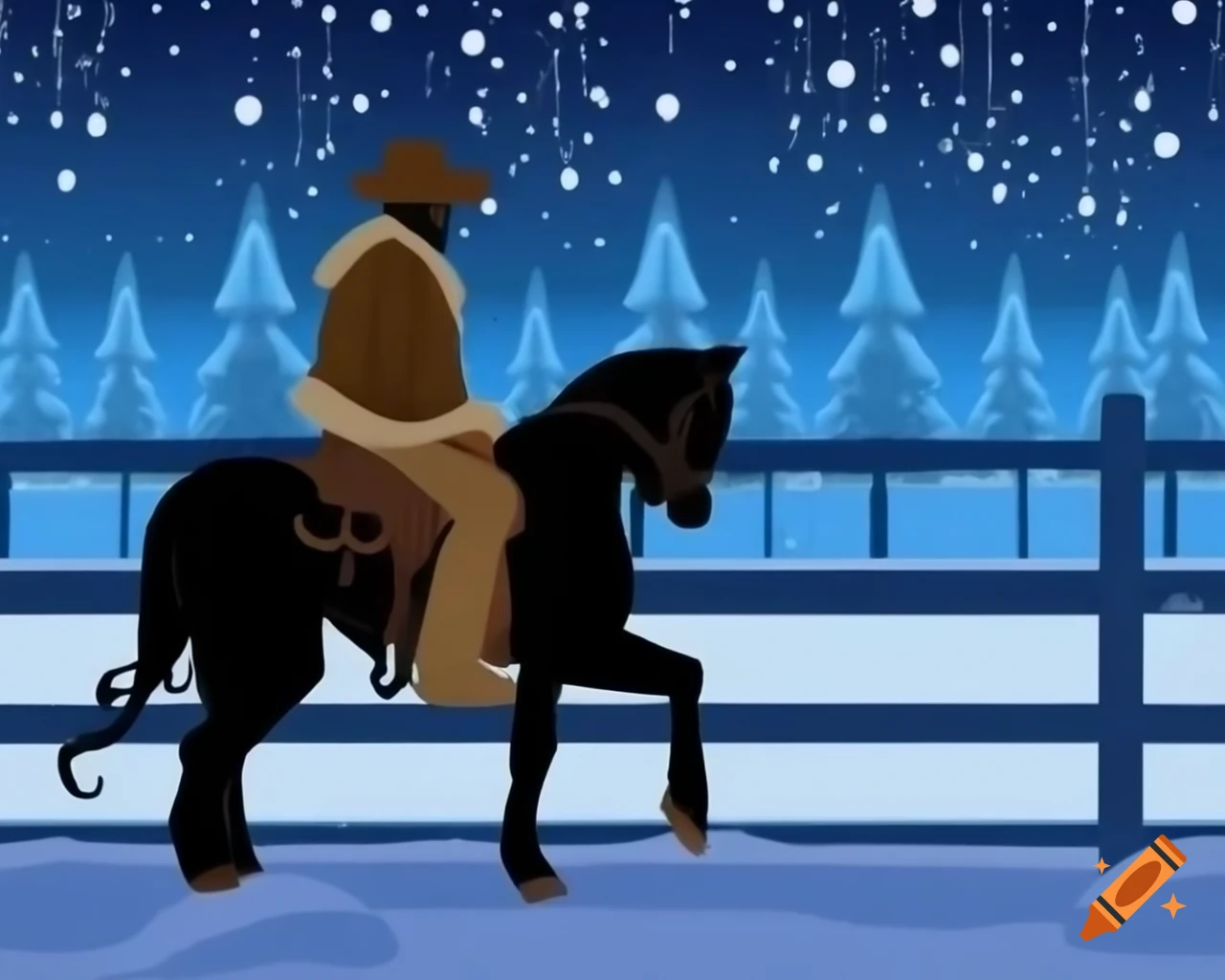 Cowboy riding grey horse in snowy field with Christmas tree and snowstorm at night, oil painting