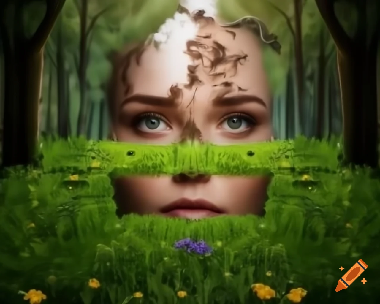 3D render of woman's face in forest with old growth trees, showcasing naturalism