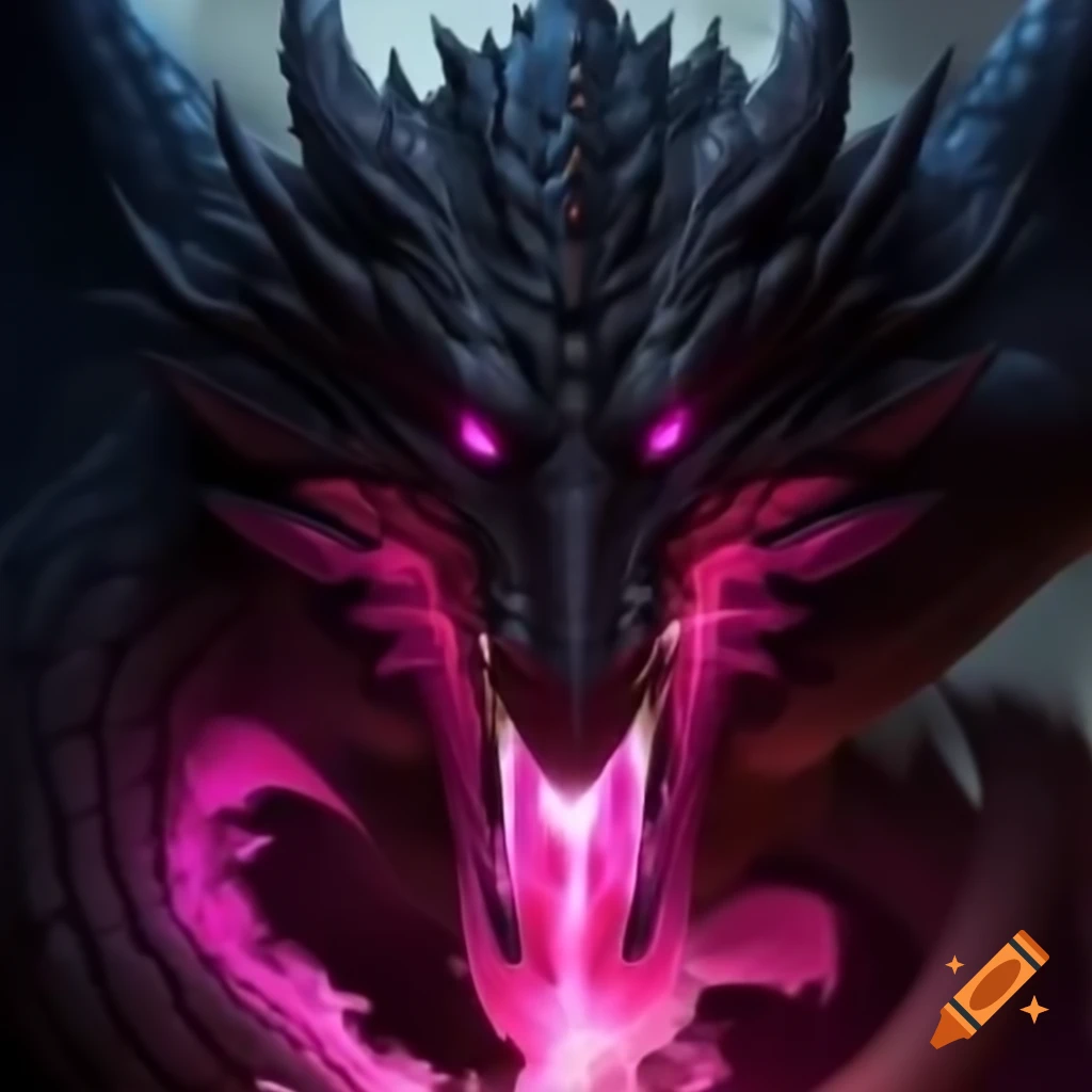 Black dragon with pink eyes breathing pink fire forming number 6 and letter A