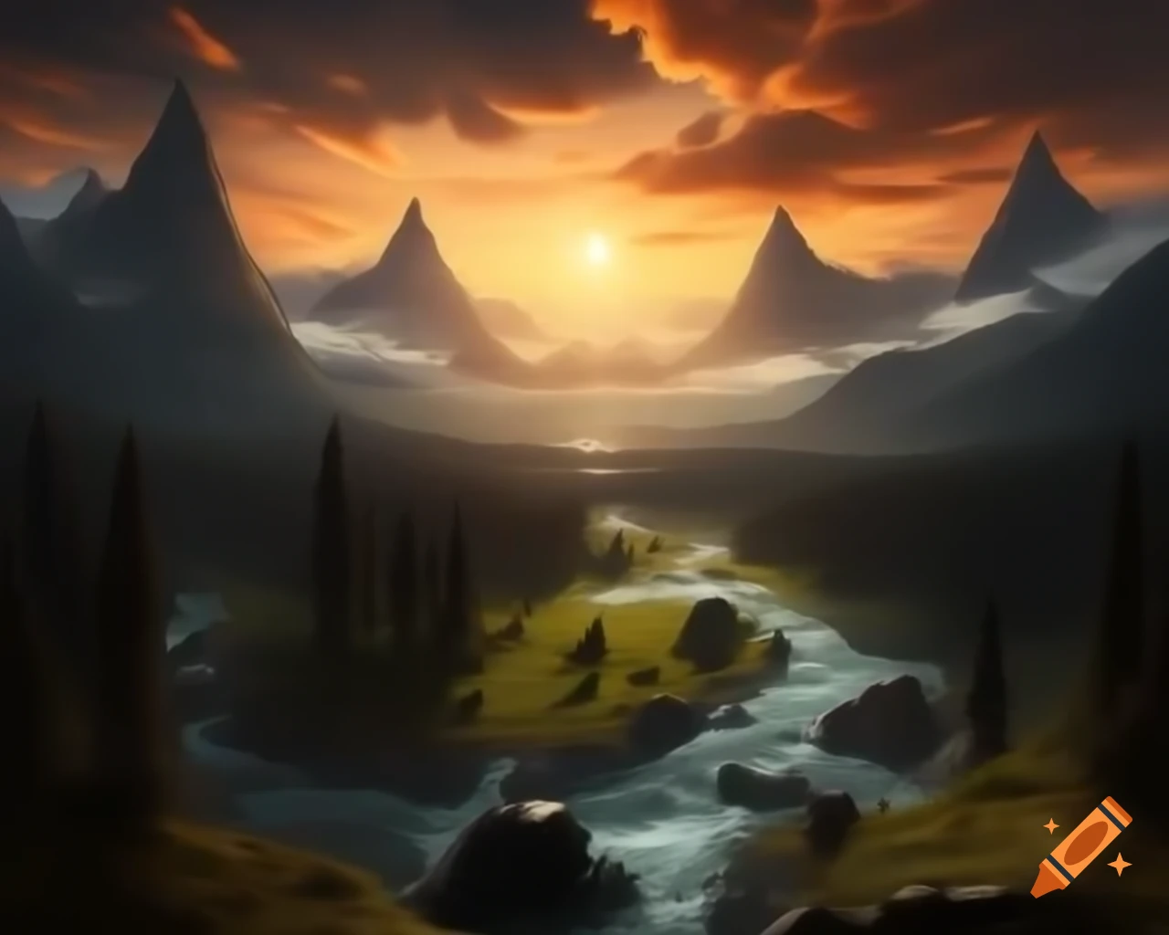 Majestic mountain range towering over winding river