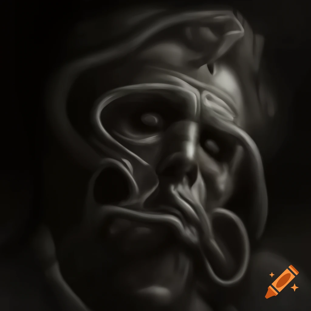 Eerie ink drawing of a man with tentacle head at night, detailed style