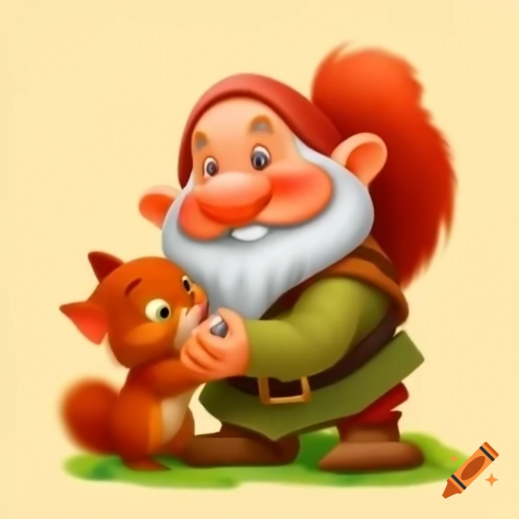 Cartoon dwarf cuddling with red squirrel