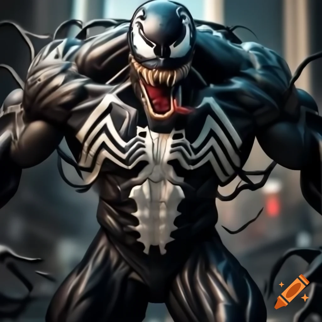 Ultra-muscular character resembling Venom in photorealistic style