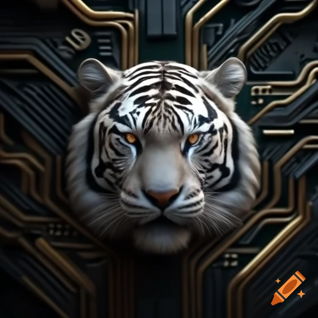 Digital artwork of white tiger created from circuit board design