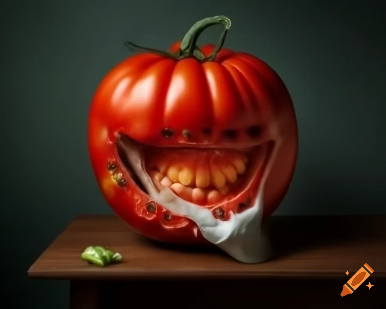 Hyper-realistic tomato sculpture in breathtaking landscape
