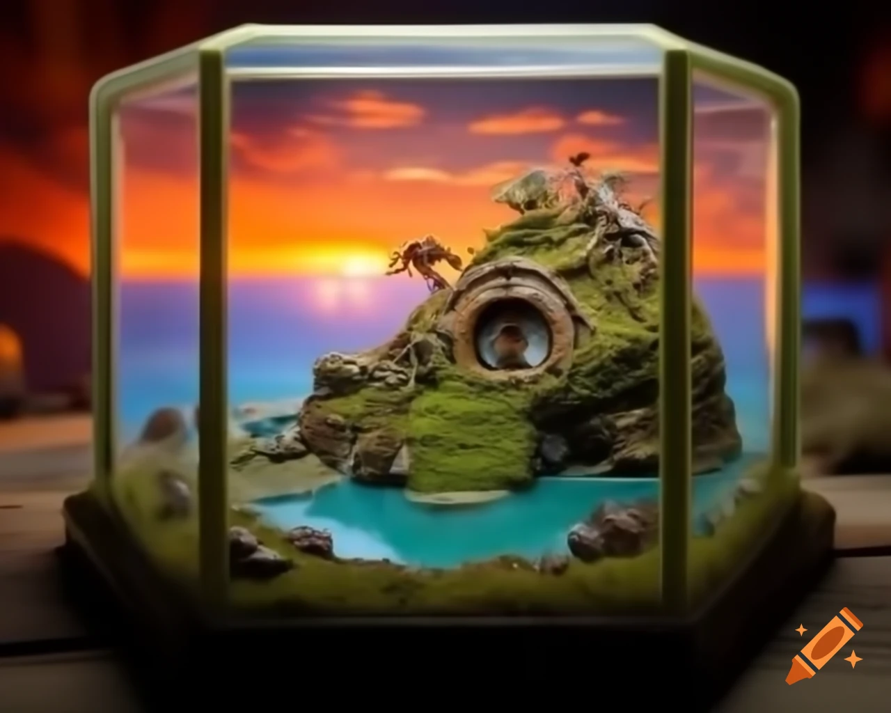 Miniature diorama of hobbit house on high mountain with sea view at sunset