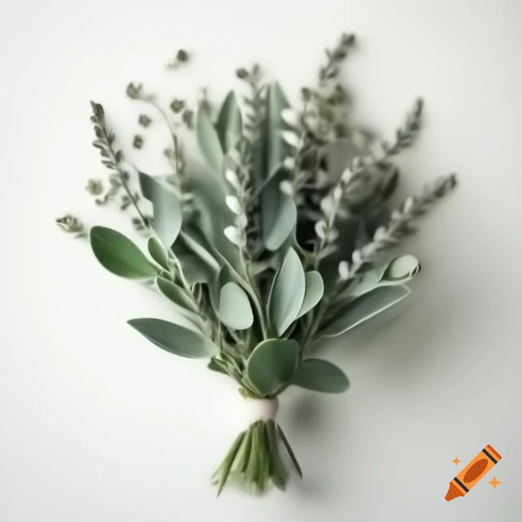 Bouquet of sage leaves and flowers against white background