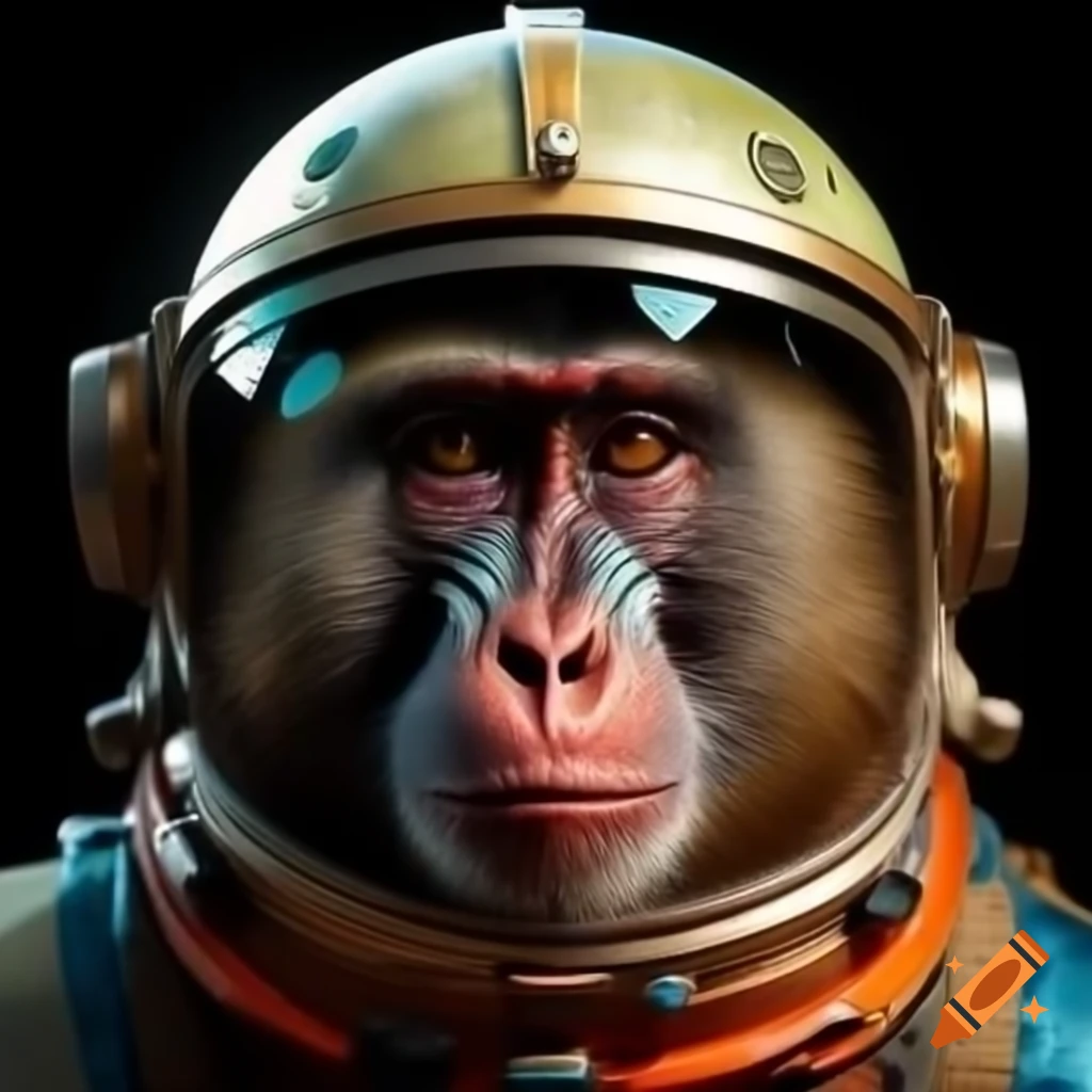 Baboon in space helmet illustrated in Alphonse Mucha style