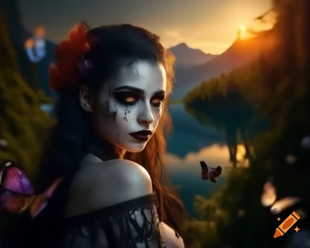 Hyperrealistic Gothic woman with flowers and butterflies in her hair and detailed makeup