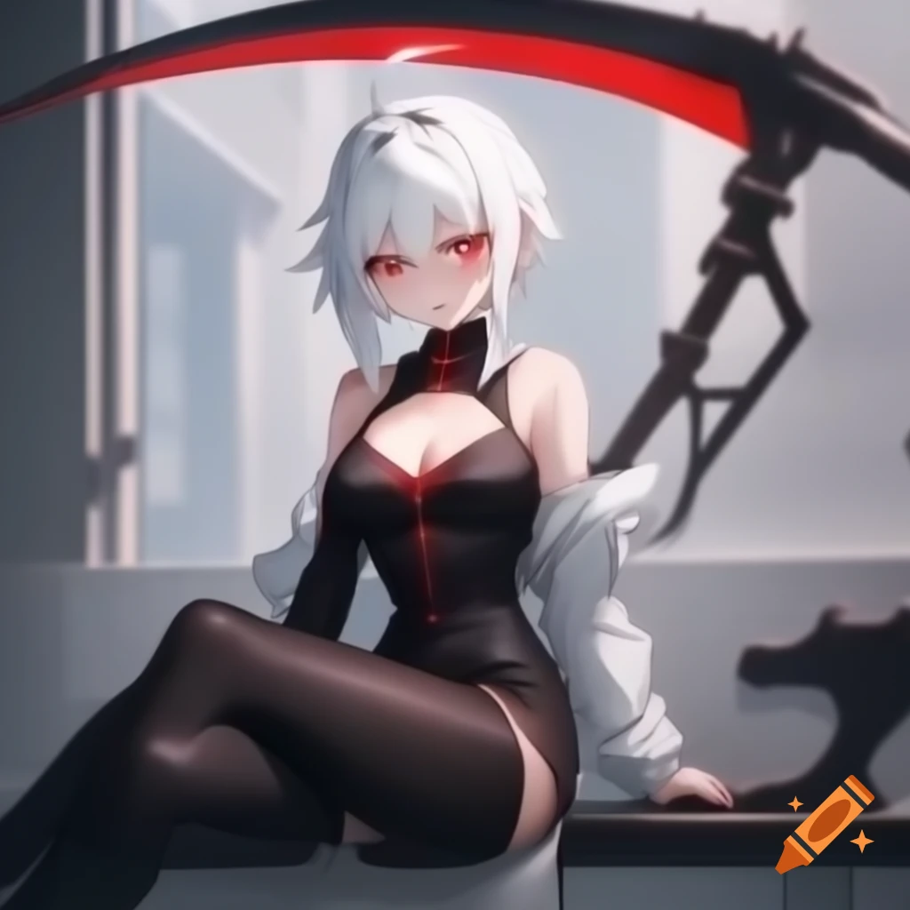 Anime styled white haired female with red eyes and scythe, sitting against wall in side view