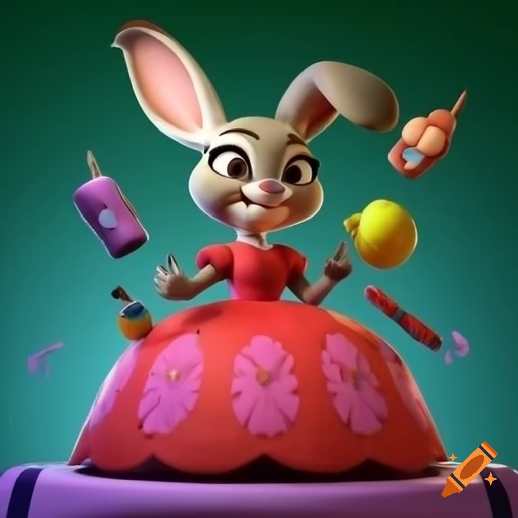 Judy Hopps in floral evening dress playing mint-green fortepiano with gadgets