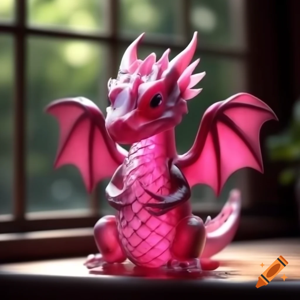 Small realistic pink glass dragon praying on windowsill