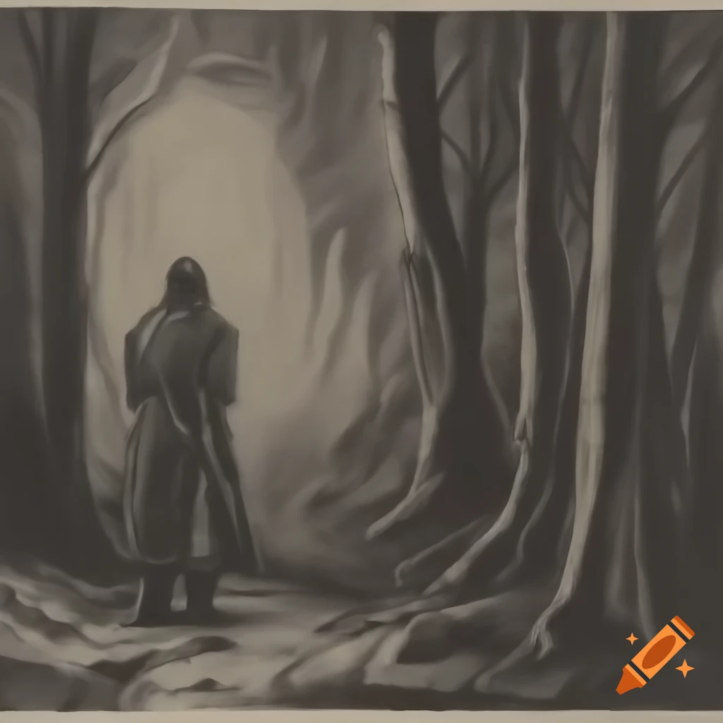 Highly detailed sketch of 11th century wanderer in dark forest landscape