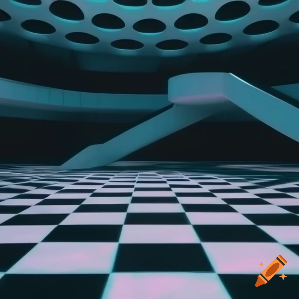 Circular vaporwave atrium with checkerboard floor