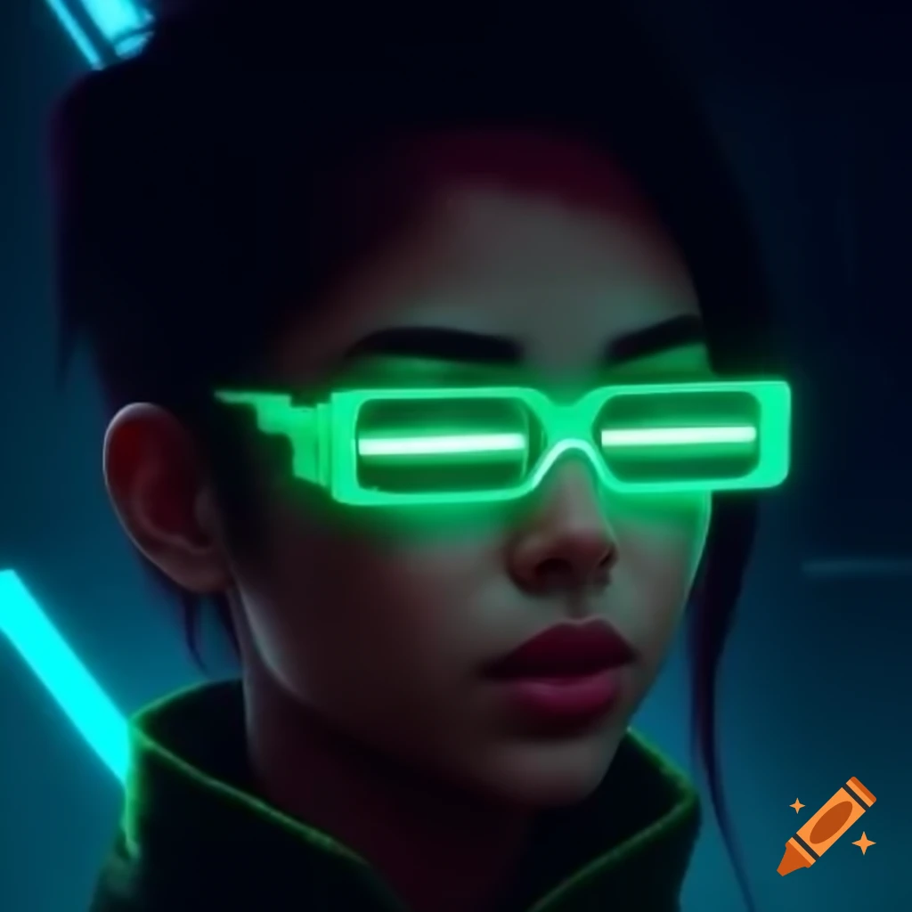 Person wearing synthwave cyberpunk green laser glasses in space
