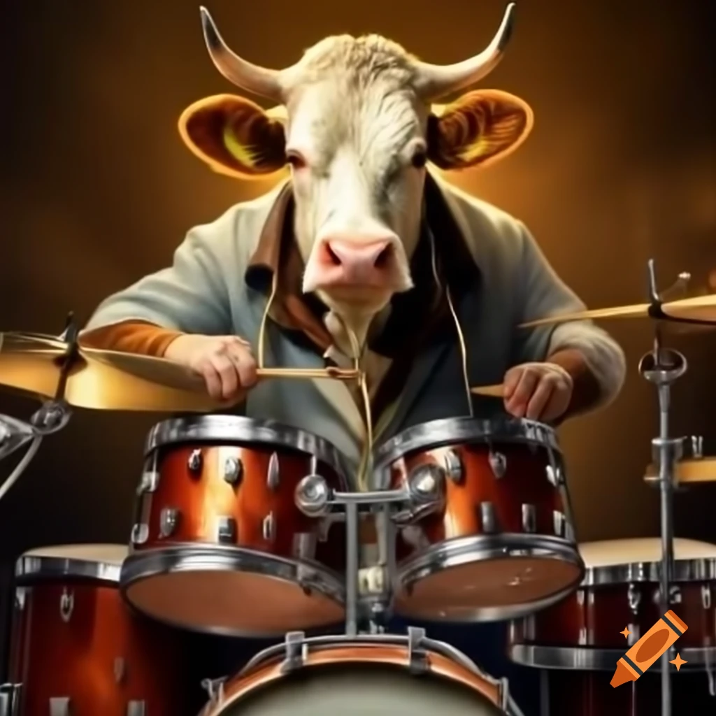 Cow playing drums in a cheerful setting