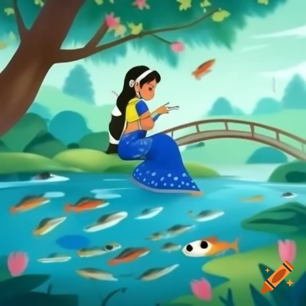 Girl In Royal Blue Saree Sitting Under Tree With Falling Flowers Beside 