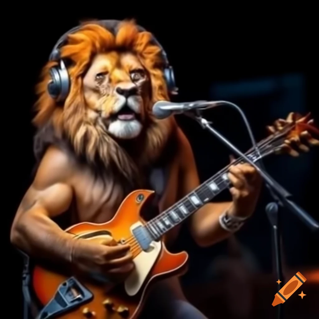 Rock star lion singing with guitar and headphones