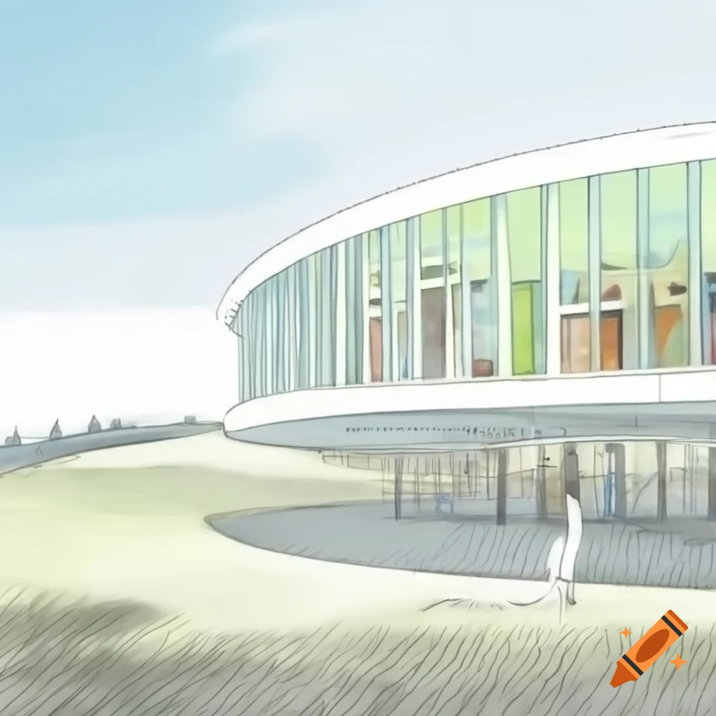 Architectural drawing of library resembling an open book with circular windows