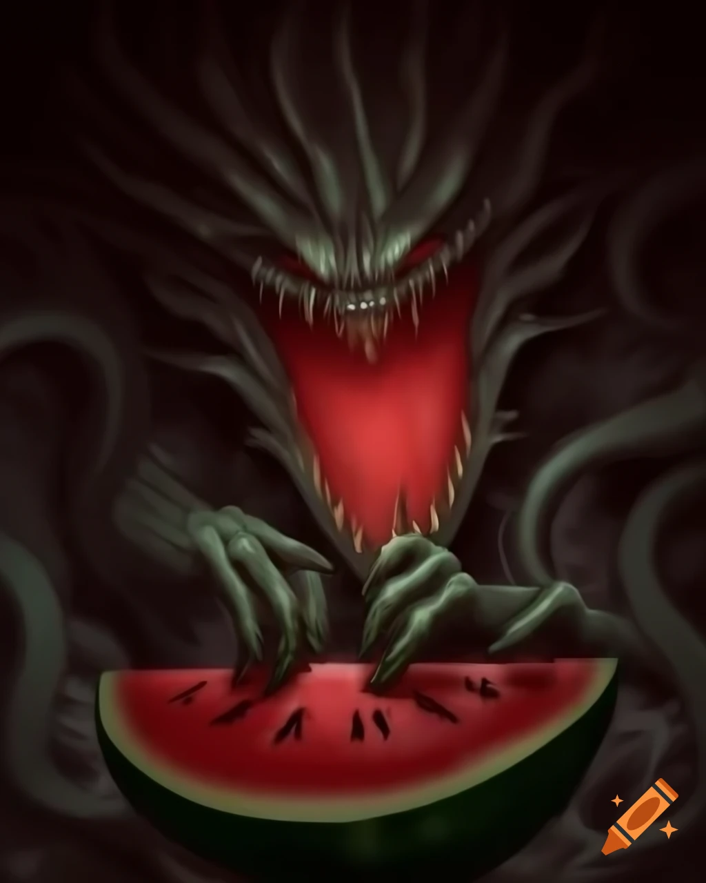 Dark fantasy illustration of a watermelon-like Lovecraftian creature by Greg Rutkowski