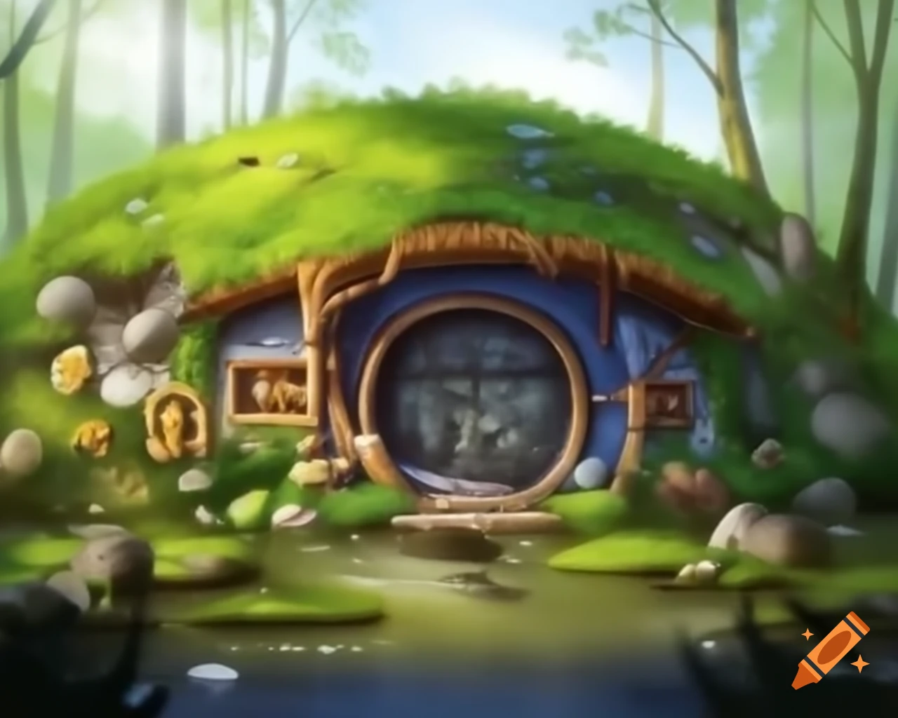 Mossy hobbit house with puddles and mossy lake nearby