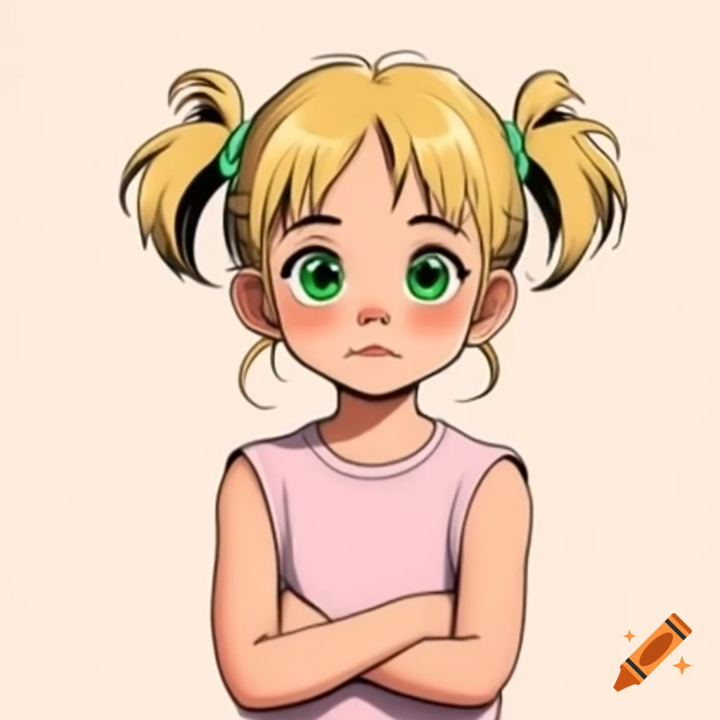 Anime girl with blonde hair and green eyes, wearing pink sleeveless t-shirt and crossed arms