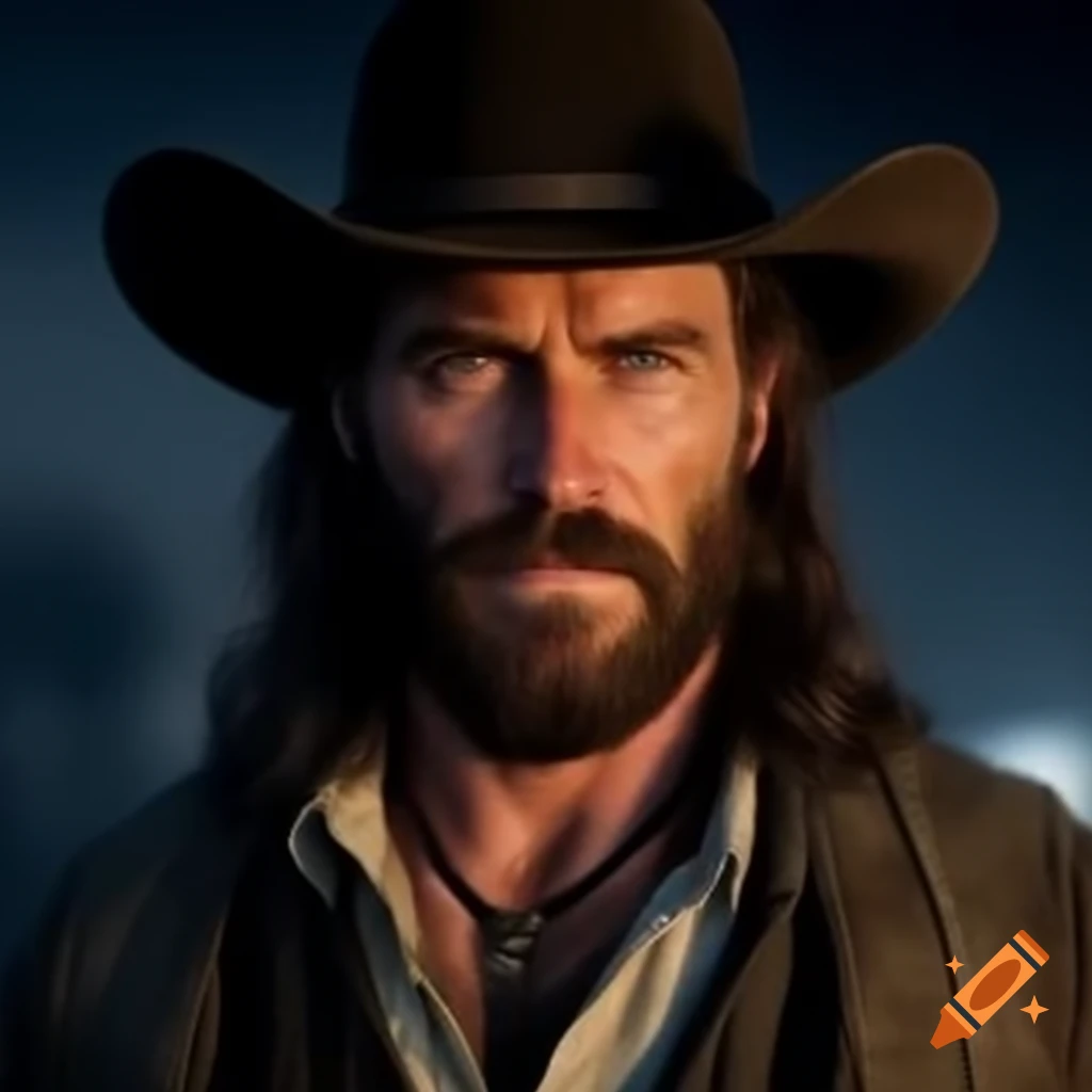 Rugged man with long hair and stubble in old jacket and stetson in San Francisco at night