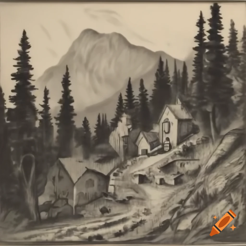 Highly detailed ink drawing of an 11th century village in dark mountain landscape