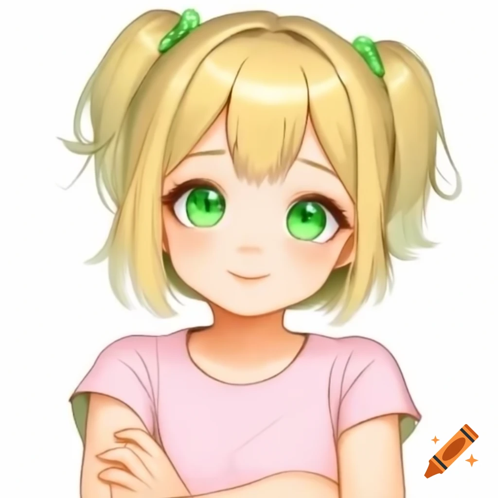 Anime girl with blonde hair and green eyes in light pink sleeveless shirt