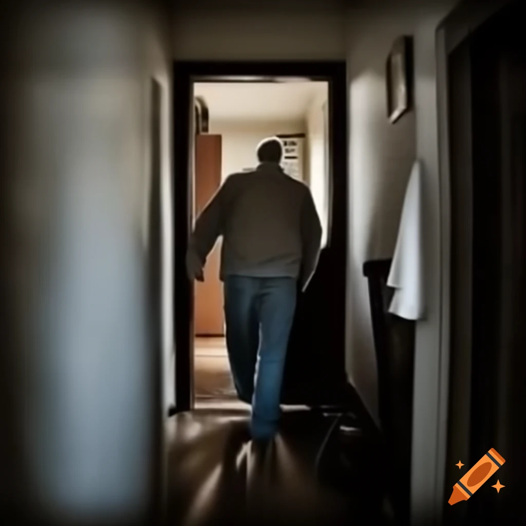 Middle-aged man walking in American home interior