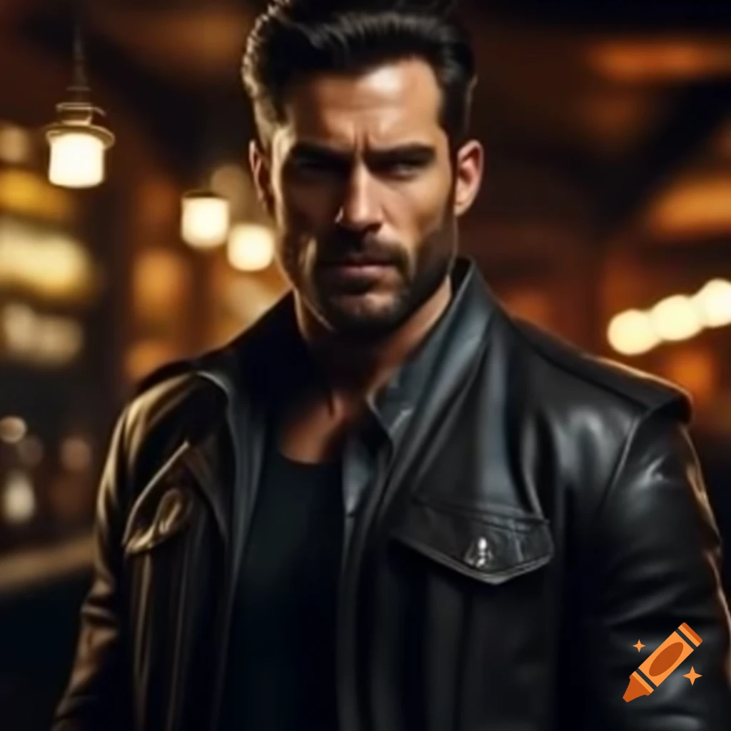 Biker man in leather jacket at a bar