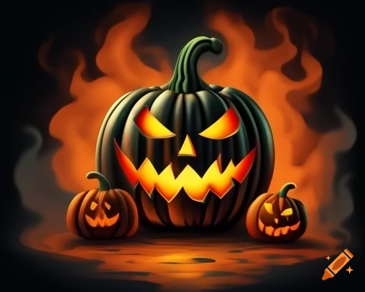 Cartoon halloween pumpkin house in smoky shades of orange green black