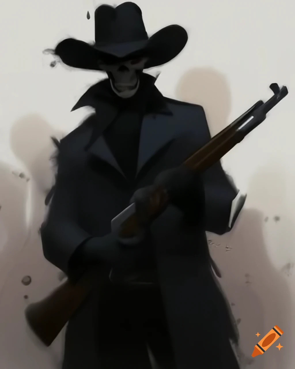 Silhouette of a gunfighter legend skull in cowboy hat and overcoat with pistol drawn, fantasy style