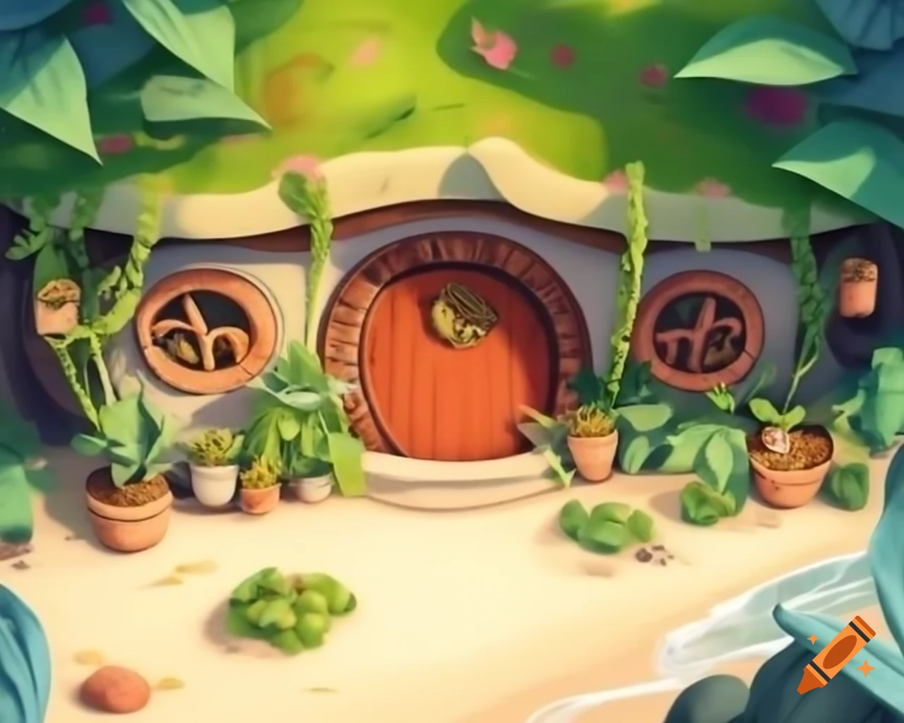 Cozy hobbit house at beach with potted plants and crystal blue sea