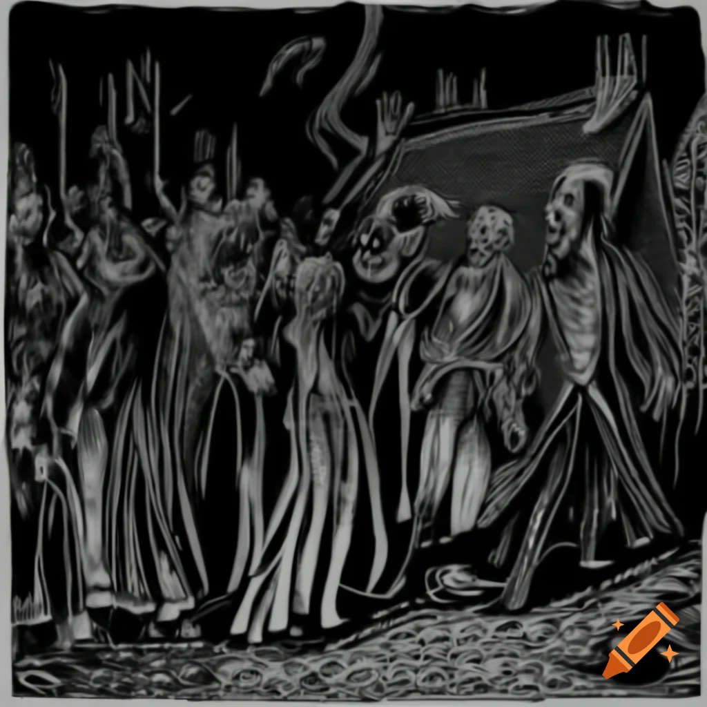 Detailed ink drawing of cultists illuminated by torches at night